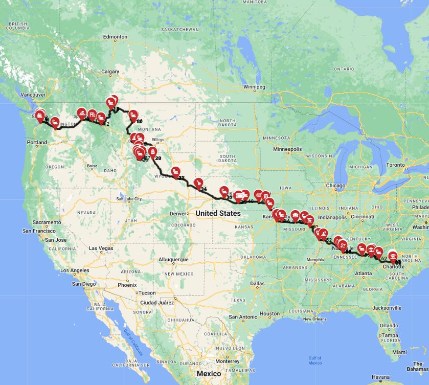 USA RV trip planner Seattle to Charlotte motorhome road trip route